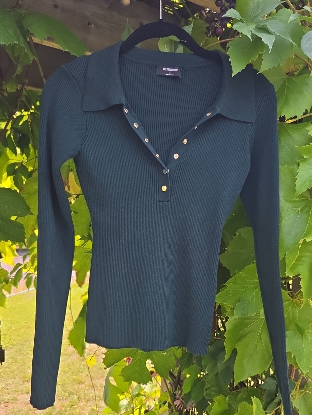The Workshop Women's Ribbed Long-Sleeve Polo Top - Deep Green